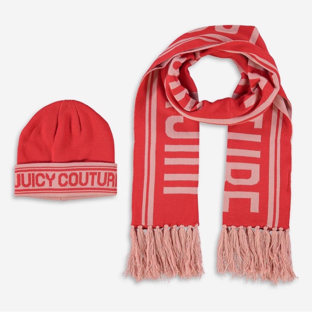 Juicy Couture Luxe Winter Set: Red & Tan Hat + Scarf - Brand New!